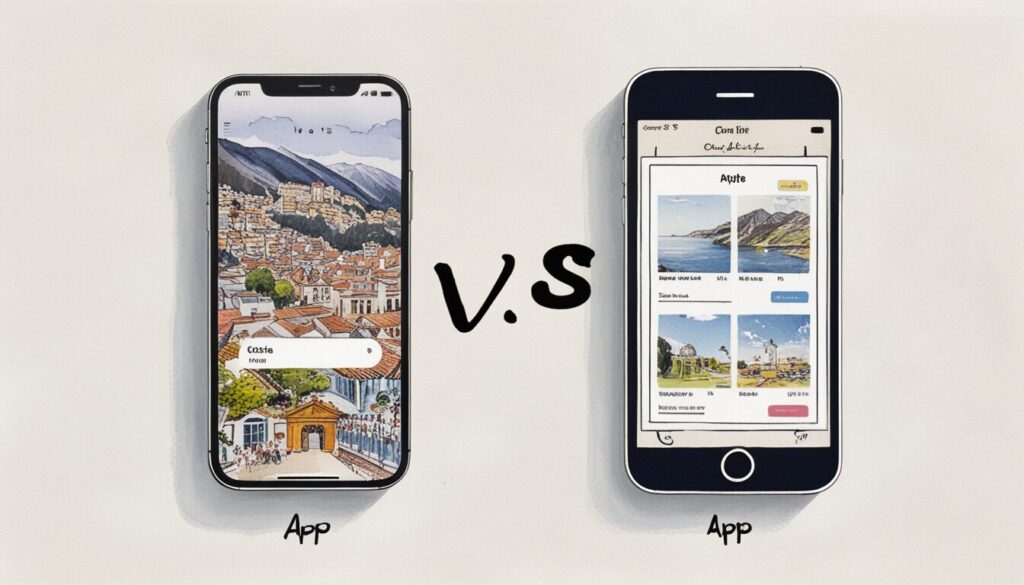 image showing two smart phones. One with an image of a web application and the other with an image of a mobile app on the screen.