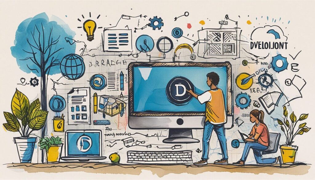 illustration of two people working on a website with charts and graphs all around them.