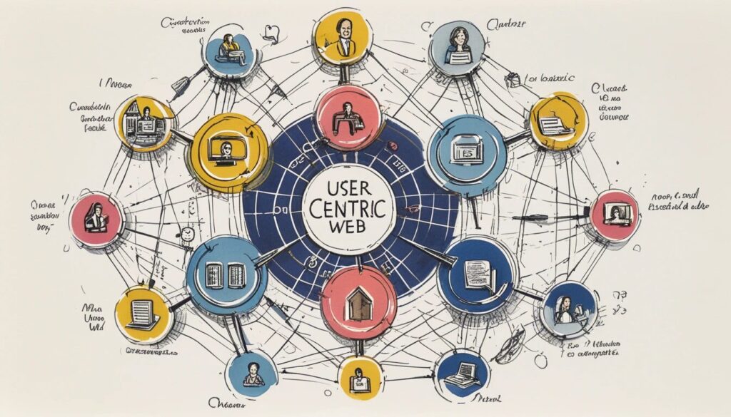 image of circles connected by lines with the words user-centrice web in the middle showcasing the the user is at the center of the all the interconnected circles.