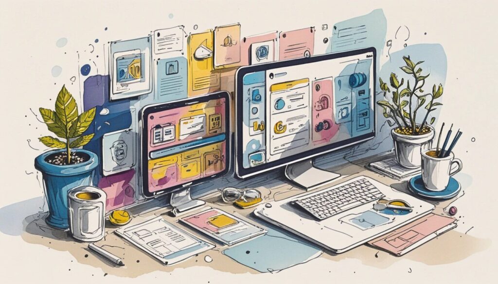 illustration of a desktop and laptop computer with different user interfaces on them.