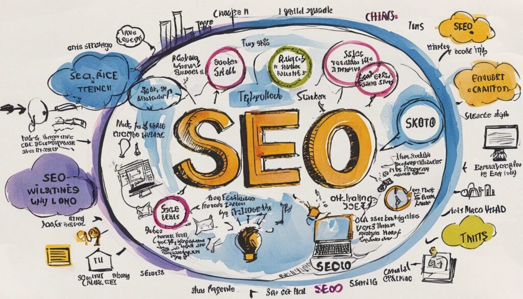 illustration of the letters SEO with other text surrounding it showing the idea of the complexity of SEO.