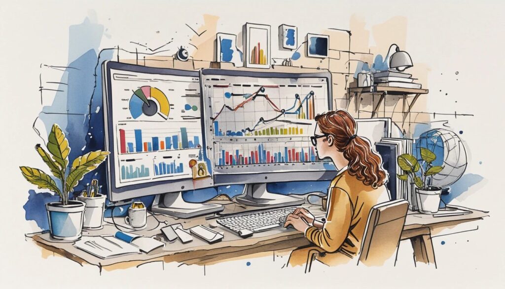 drawing of a woman looking at two monitors with search console metrics on them.
