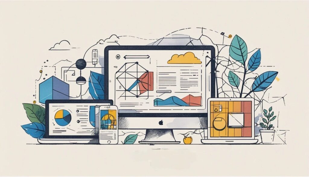drawing of a desktop, laptop, tablet, and smart phone showing different data sets to show the idea of web app development.