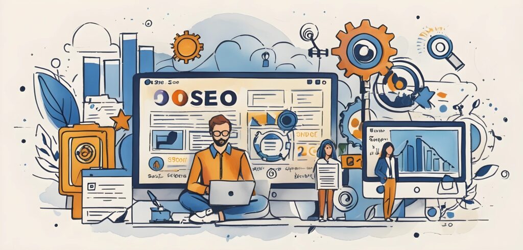 image of a man working on a laptop in front of a larger screen that says SEO.