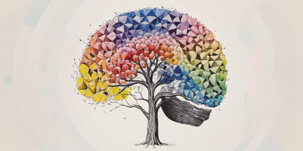 illustration of a tree that has multiple colors but the leaves are in the shape of a brain showing the idea of color psychology.