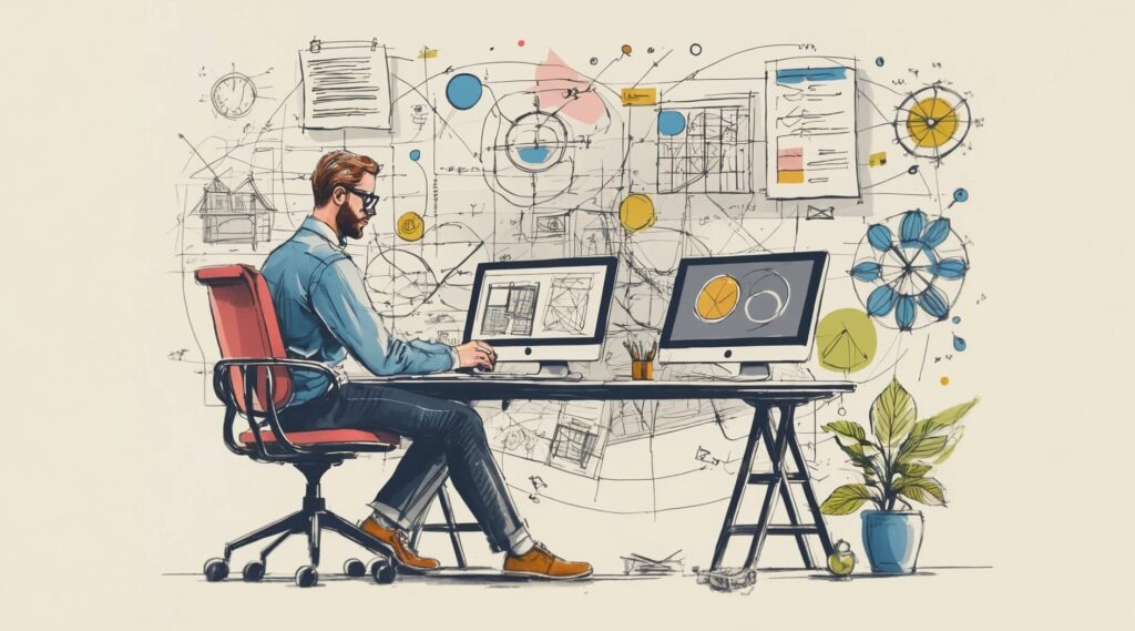 illustration of a UX designer sitting at a test working.