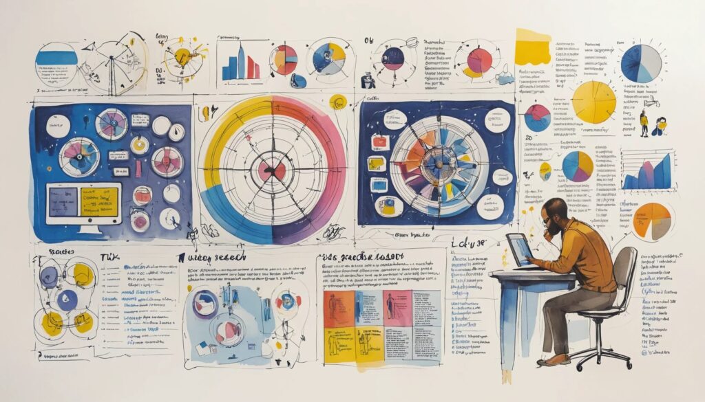 image of man sitting at desk hunched over a laptop doing UX research.