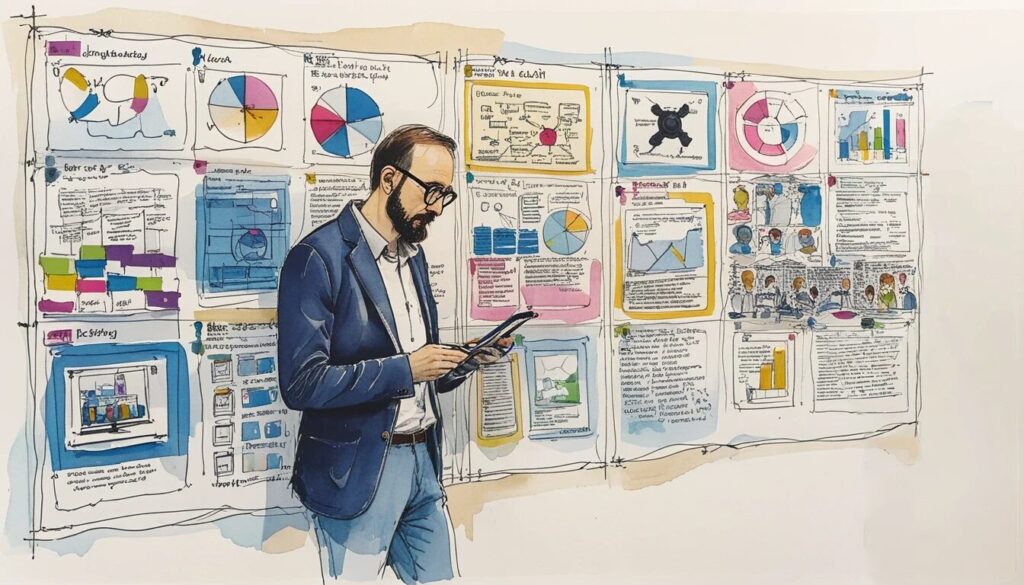 man looking at a tablet with a bunch of UX papers on the wall behind him showing the idea of UX research.