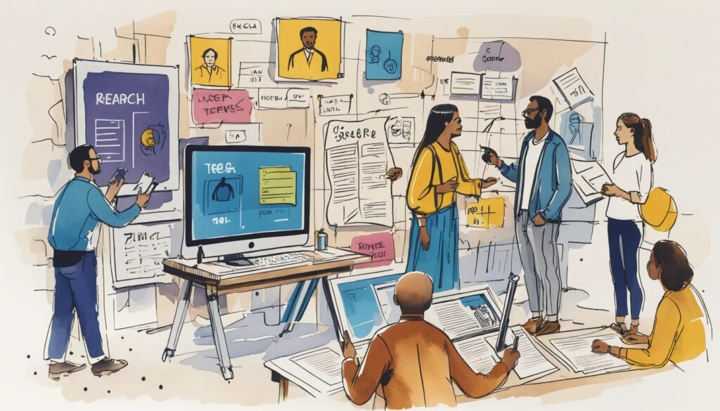 a group of people standing in an office talking about user personas and user research.