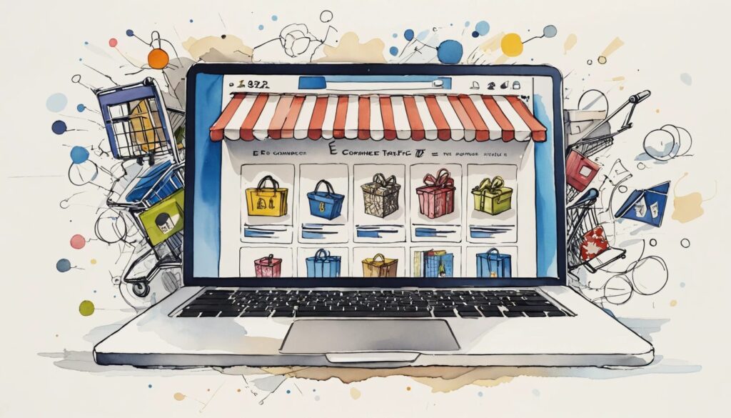 illustration of a laptop with an image of an e-commerce store on the screen showing the idea of e-com traffic.