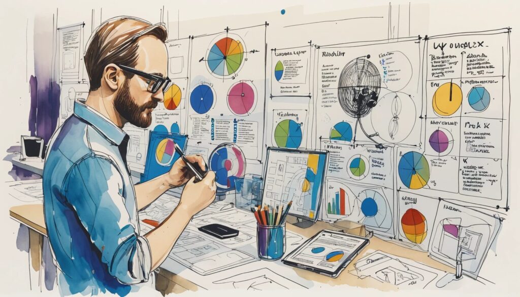 man sitting at a desk looking over a bunch of charts showing the idea of researching an application for development.