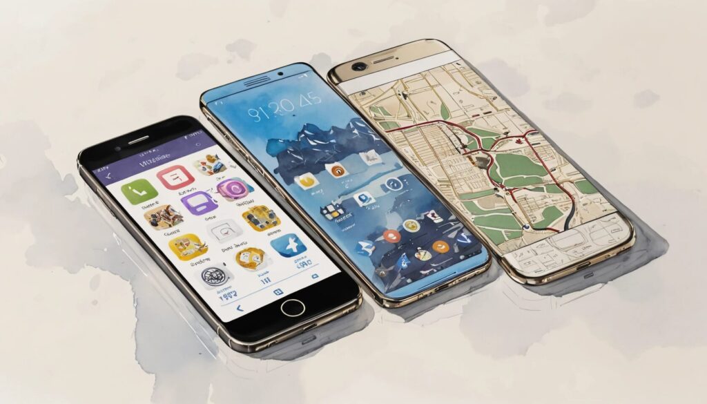 image of 3 smart phones with different types of applications on them showing the idea of app development.