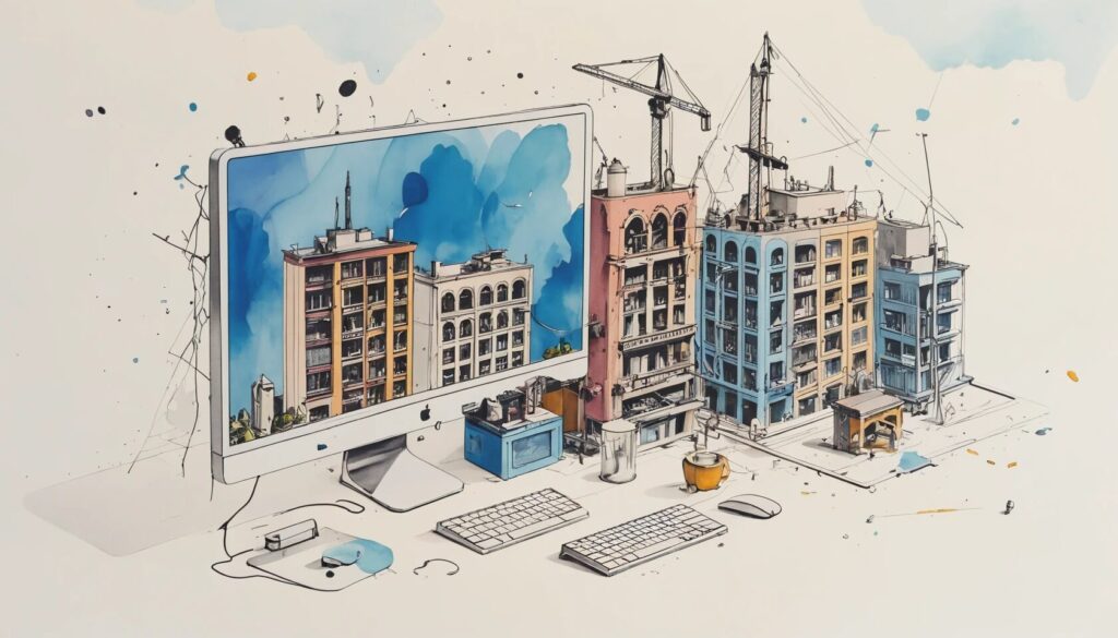 illustration of a desktop sitting next to some illustrated buildings showing how complex developing a web application is.