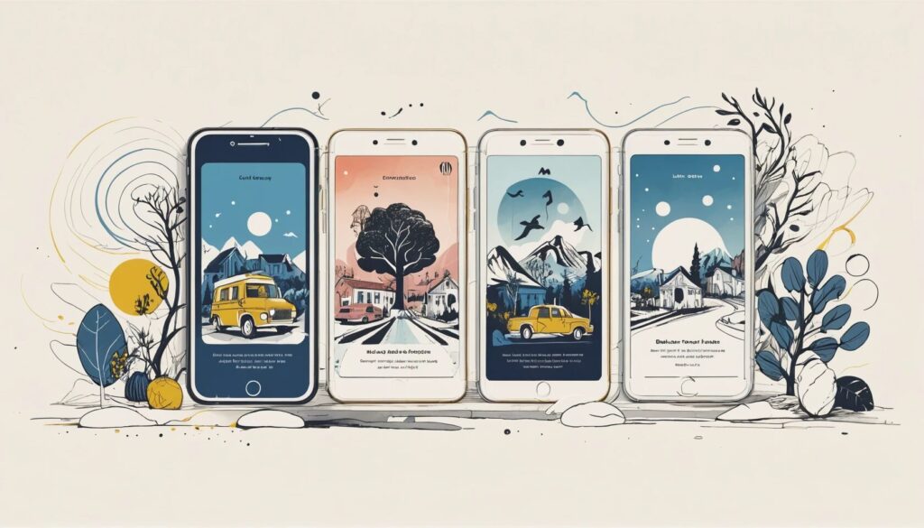 illustration of several smart phones showing different screens to show the idea of mobile website development.