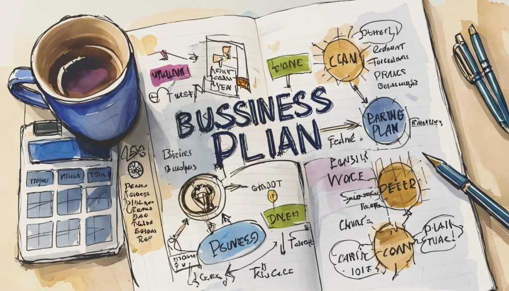 illustration of a person working on a business plan on their desk with notes.
