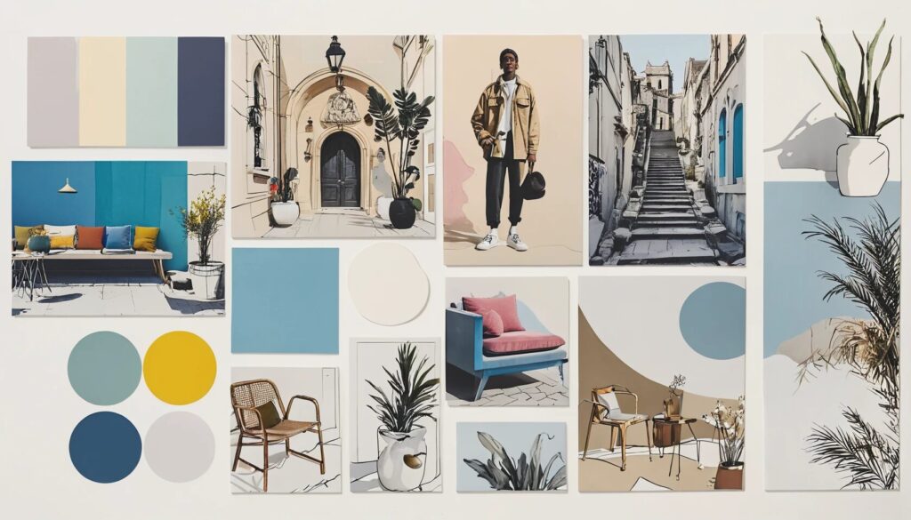 illustration of a colorful design moodboard used to show clients ideas ahead of creating a website design.