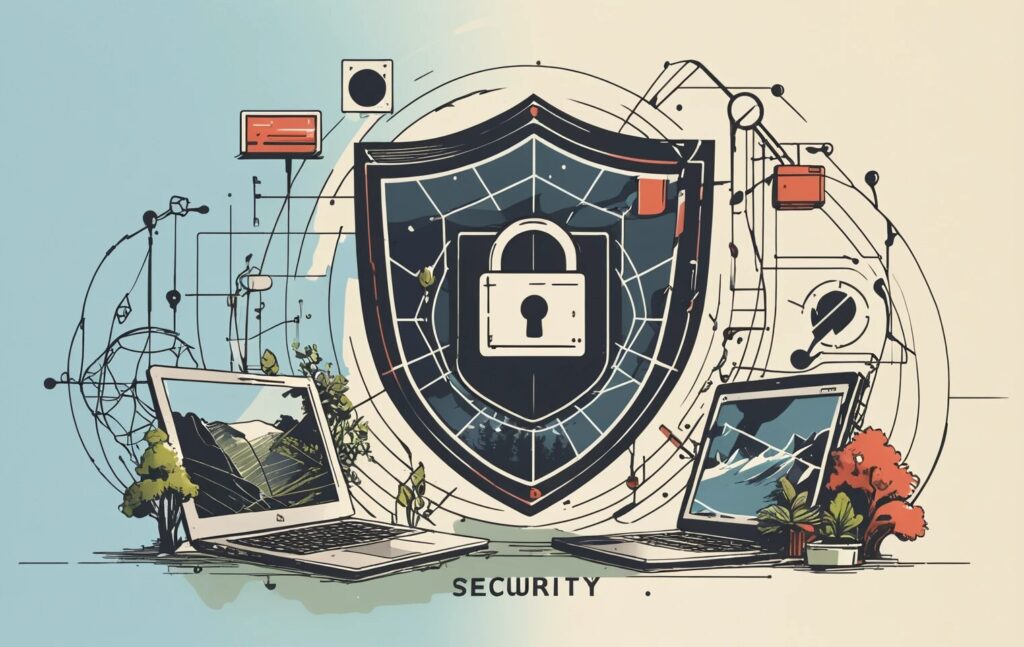 illustration of a shield with a lock on it and two laptops sitting underneath the shield illustrating the idea of web app security.