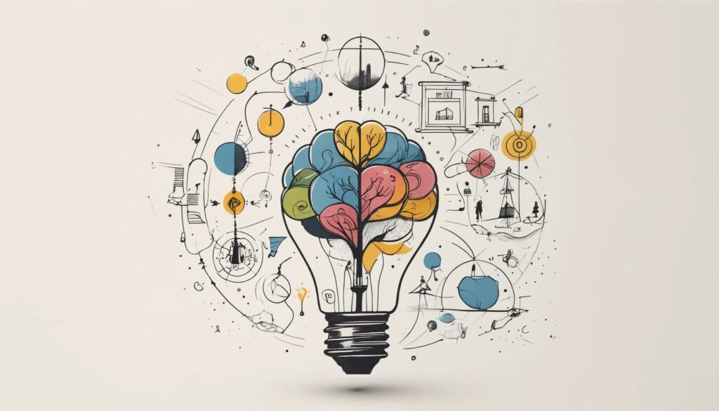 illustration of lightbulb with a colorful brainlike image inside the lightbulb illustrating the idea of design thinking.