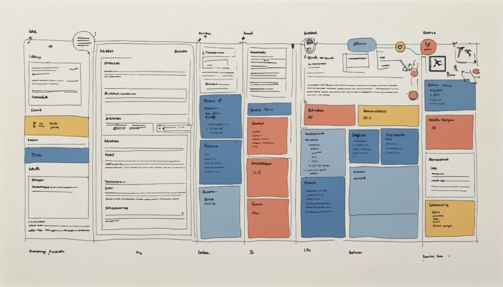 illustration of wireframes for a mobile website design pinned on a board.