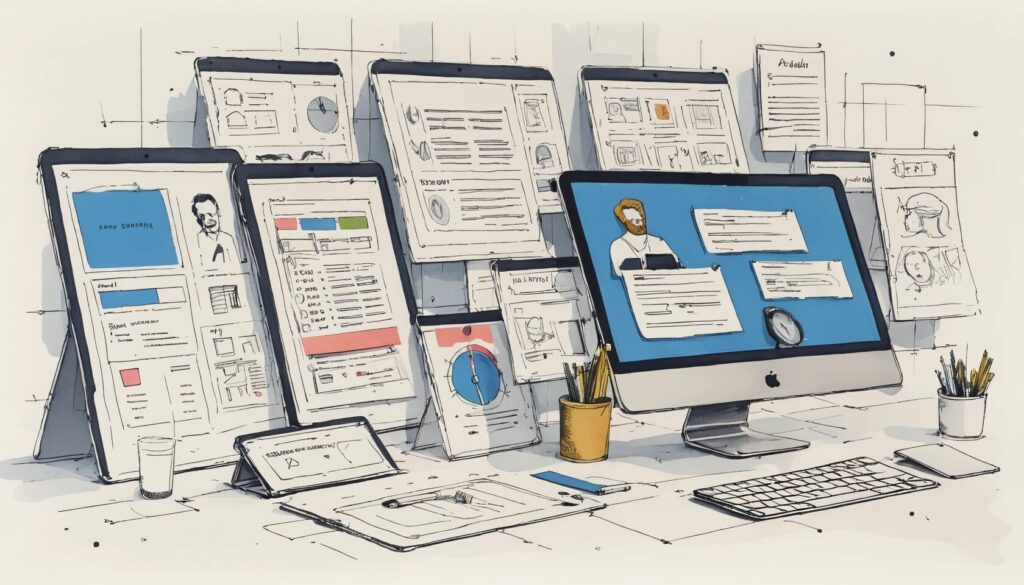 illustration of a desktop with lots of screens showing the idea of web application complexity.