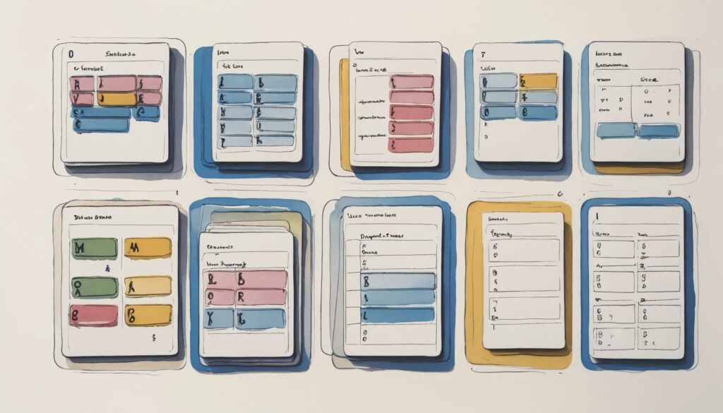 illustration showing UX card sorting. With stacks of cards laid out with different details on them.