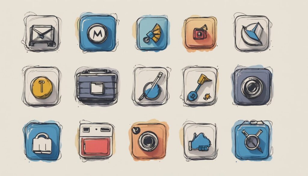 sketch of a grid of website icons.