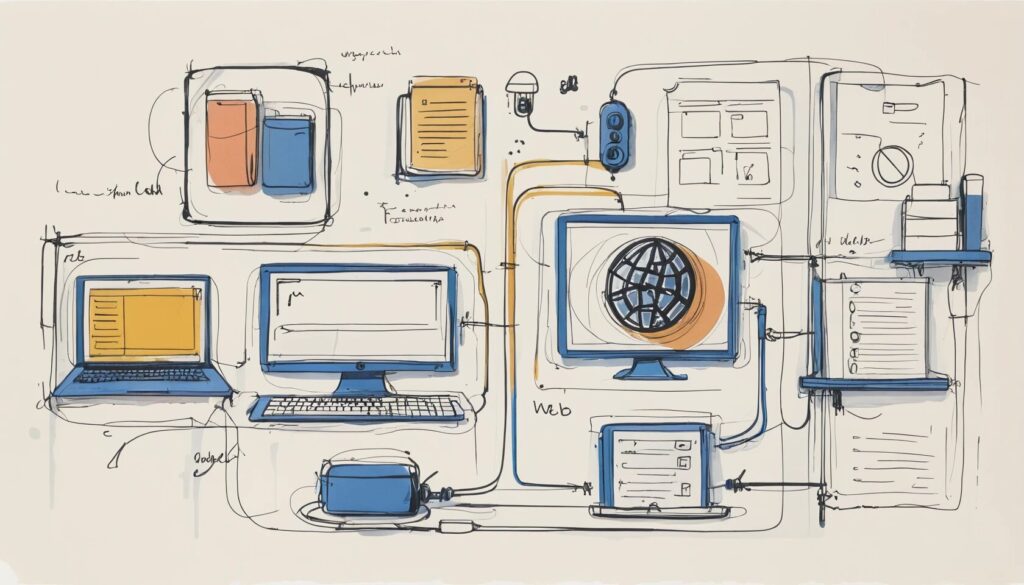 sketch of a flowchart with different pieces connecting to different images, like a website, computer, server, etc showing the complexity of web applications.