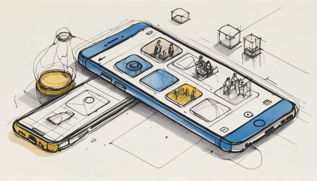 rough sketch of a smart phone with apps on it.