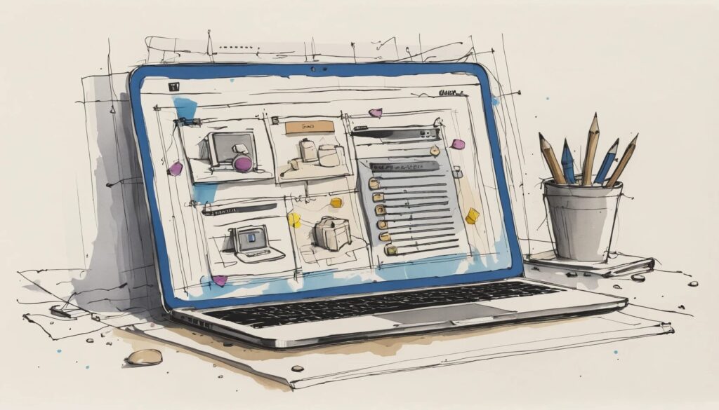 sketch of a laptop with a prototype website on the screen.