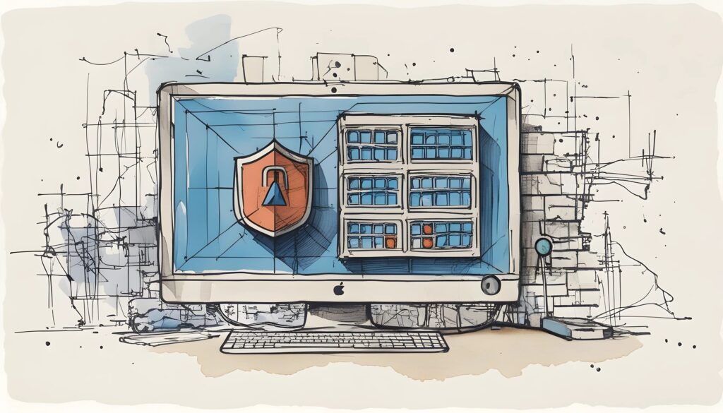 sketch of a desktop computer with a shield with a keyhole in the middle showing the idea of a firewall.