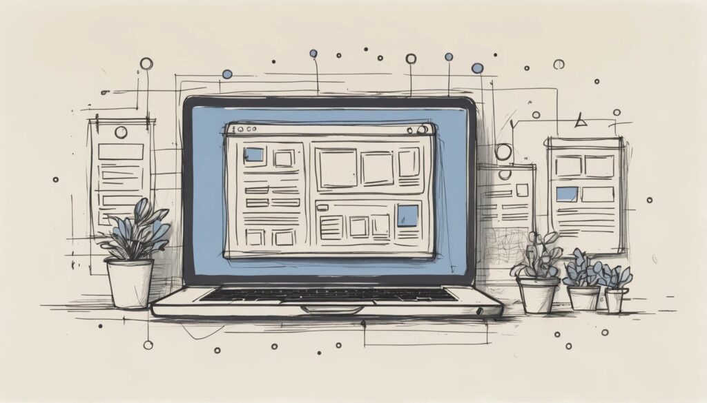 sketch of laptop with a website wireframe on the screen.