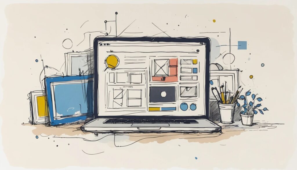 sketch of a laptop computer with a basic website layout on the screen.
