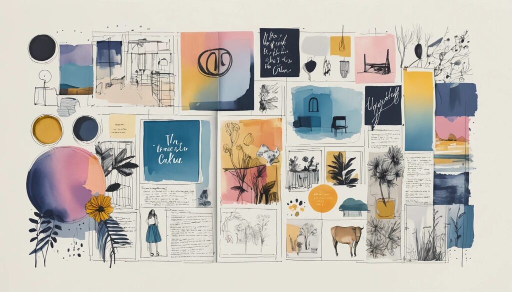 sketch of a moodboard showing colors, images, and textures.