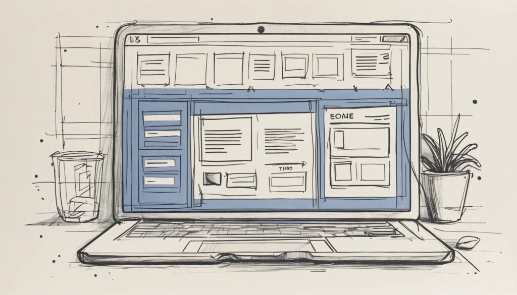 sketch of a laptop with a wireframe sketch on the screen.