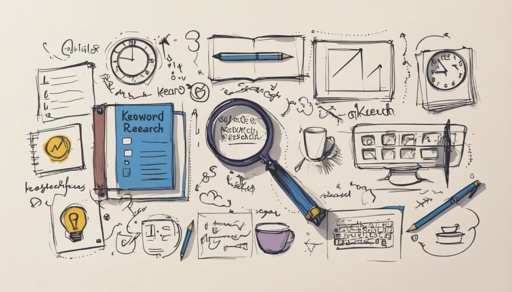 sketch image of a magnifying glass and charts showing the idea of keyword research.