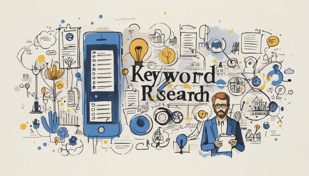 sketch of lists, and graphs showing the idea of long-tail keyword research.