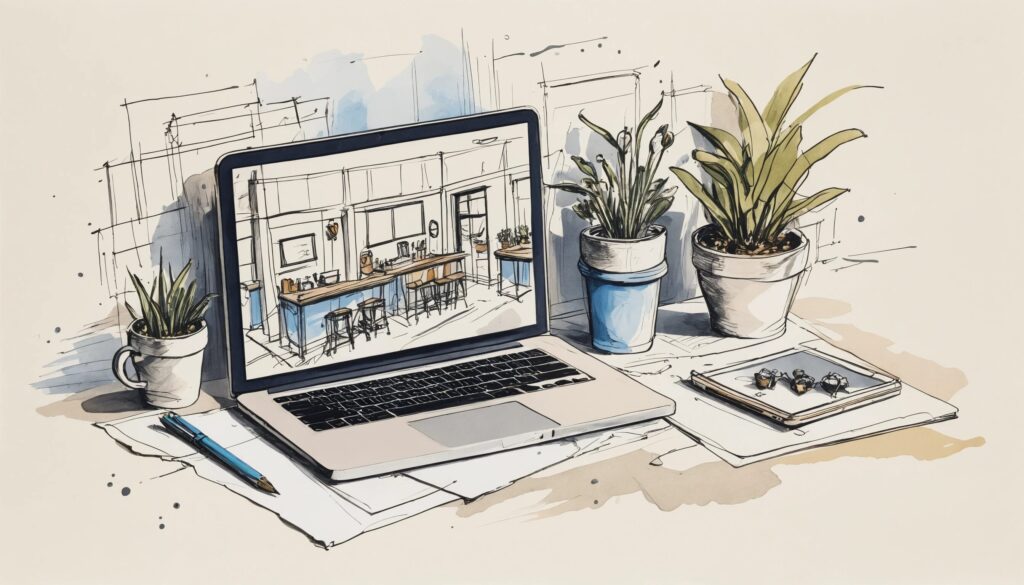 sketch image of a small business website on a laptop sitting on a desk.