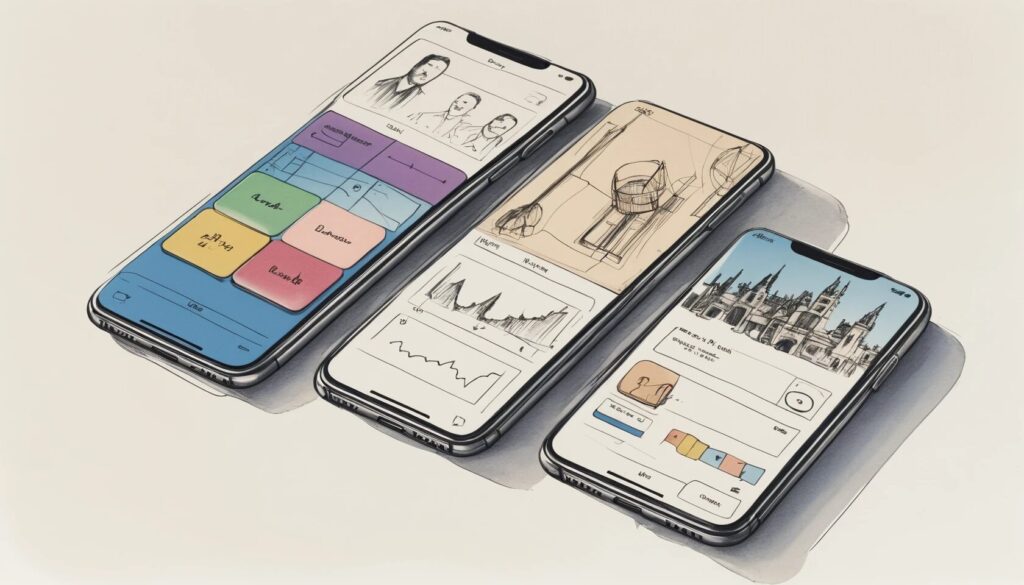sketch of 3 smartphones showing 3 different UI design.