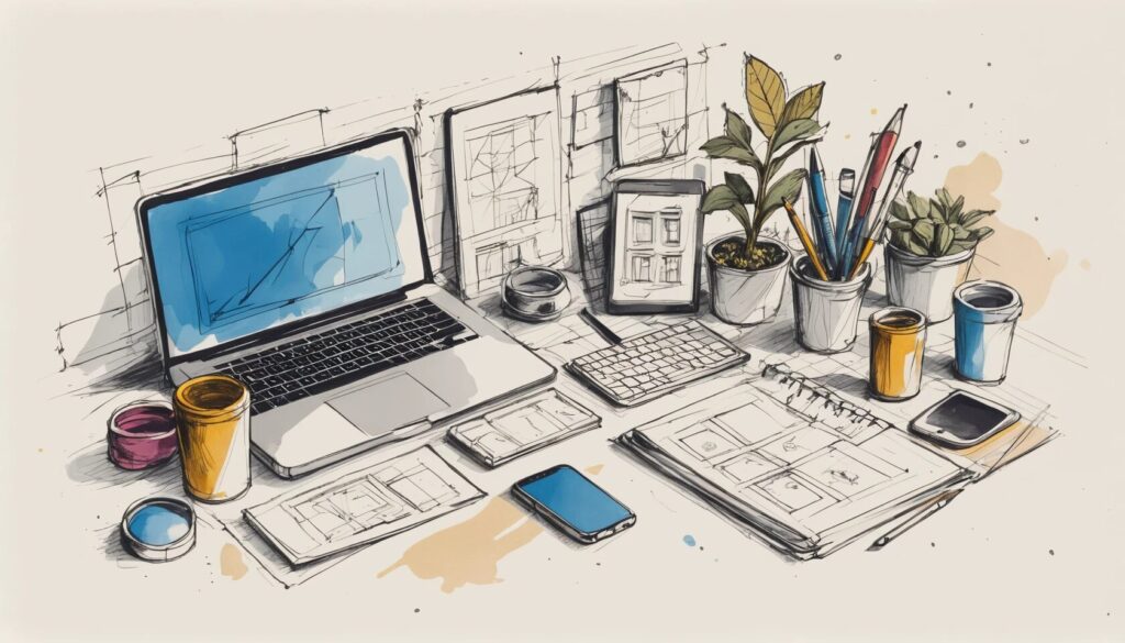 sketch image of a small business web designer's desk showing a laptop, plants, and notepads.