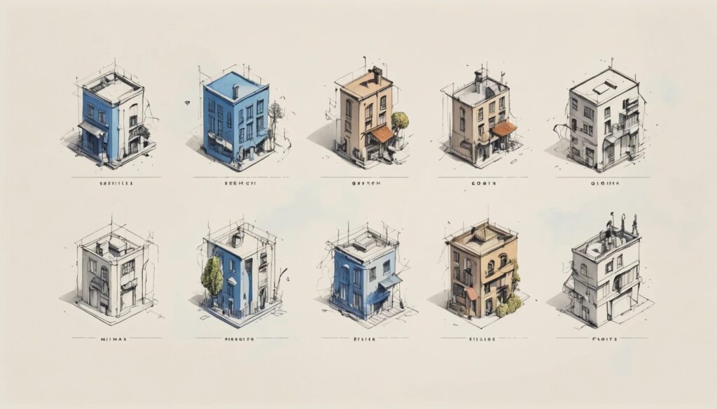 sketch of multiple variations of the same building icon.
