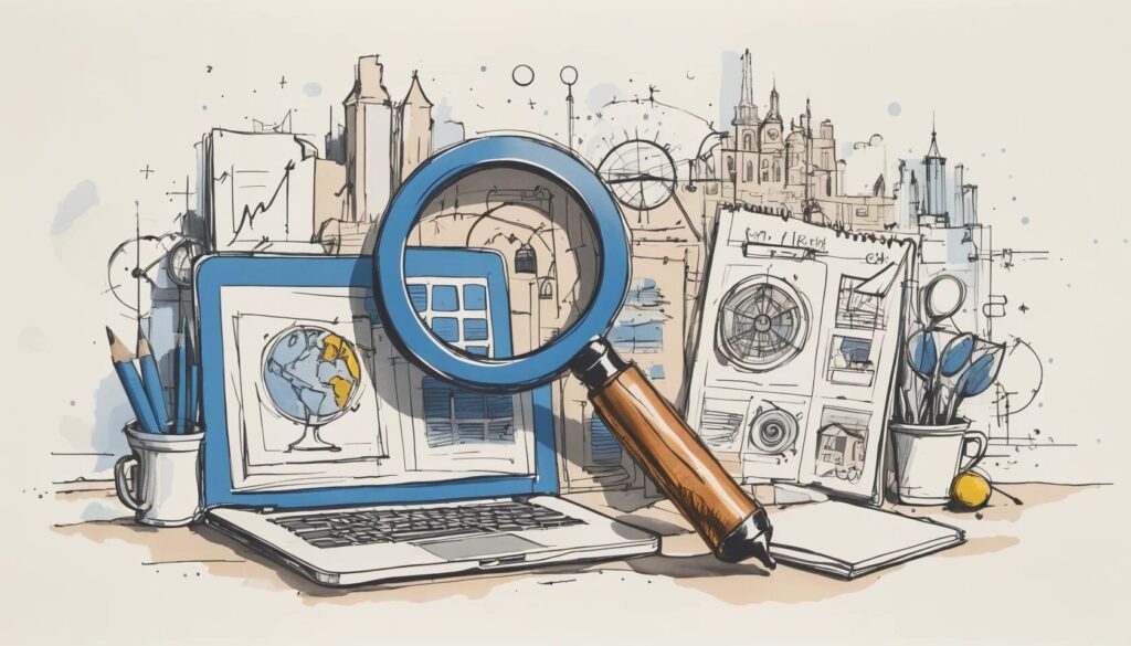 sketch image of a large magnifying glass over a laptop showing the idea of keyword research.