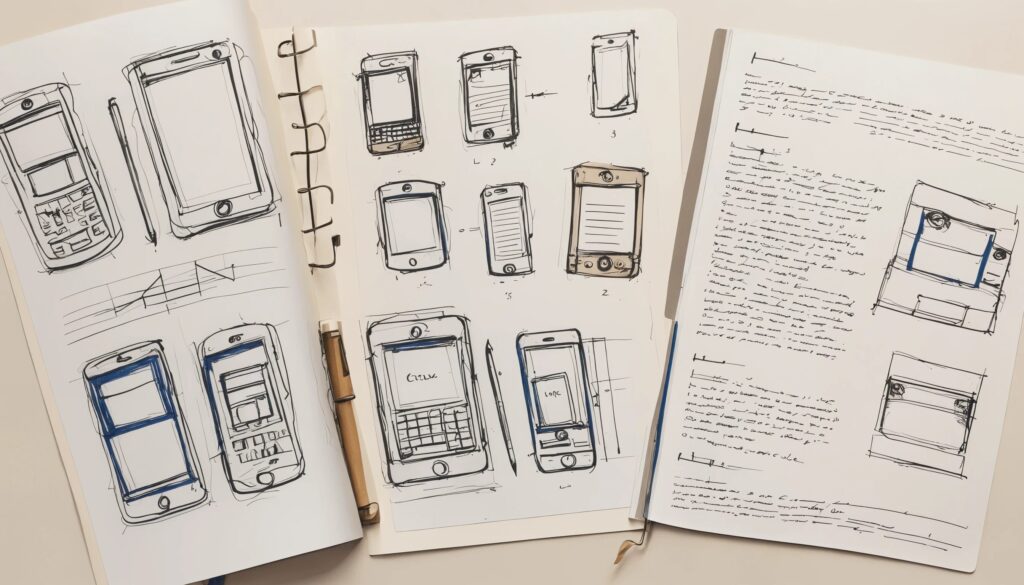 sketch image of UX design sketches for a website on a smartphone.