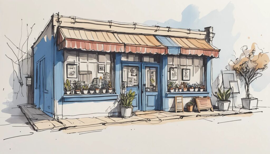 sketch of a small business shop on a street corner.