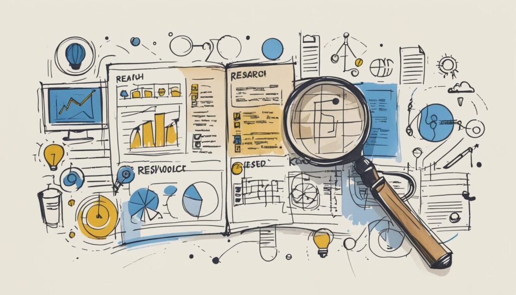 sketch image of charts, graphs, and a magnifying glass showing the idea of keyword research.
