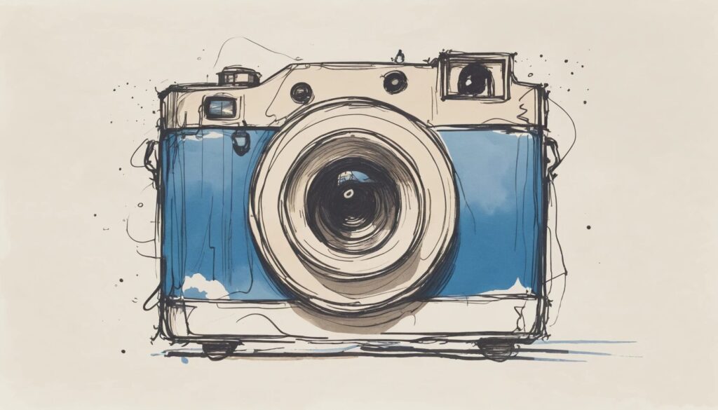 sketch image of a blue 35mm camera showing the idea of stock photography.