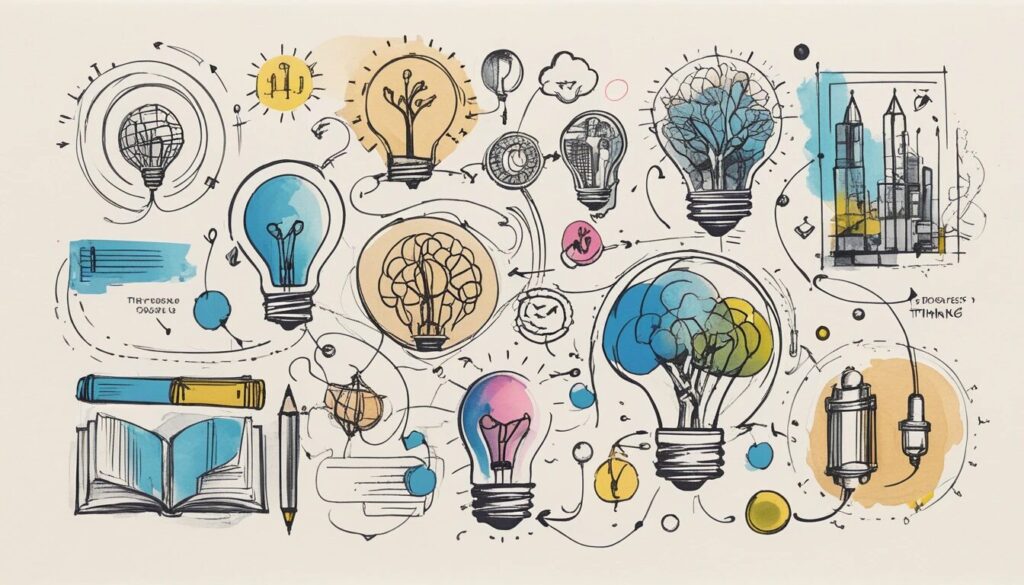 sketch image of lightbulbs and brains illustrating the idea of the design thinking process.