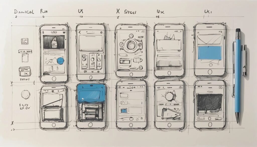 sketch image of multiple smartphones with different wireframe sketches on the screens.