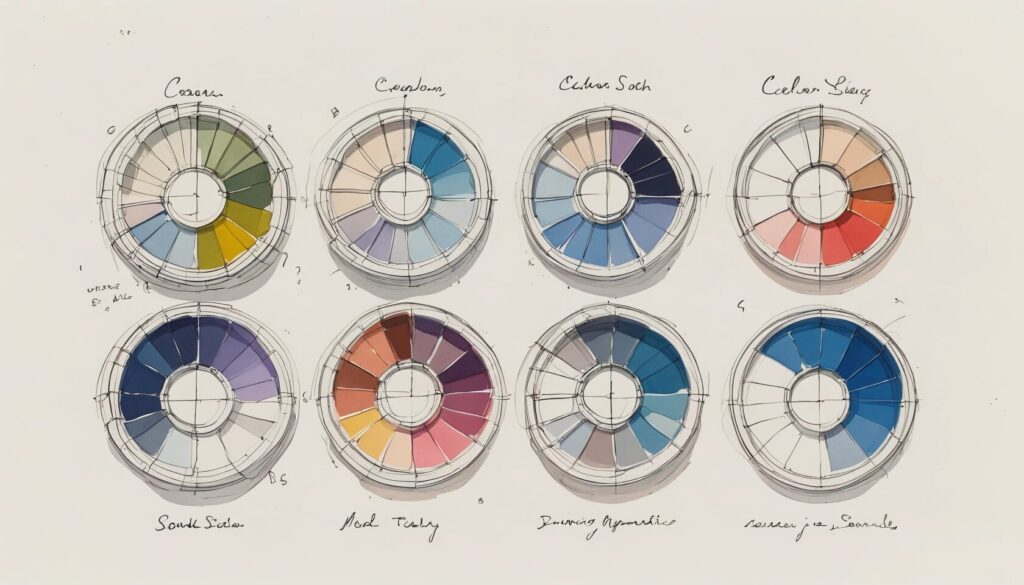 sketch image of 8 color wheels showing different website color schemes.