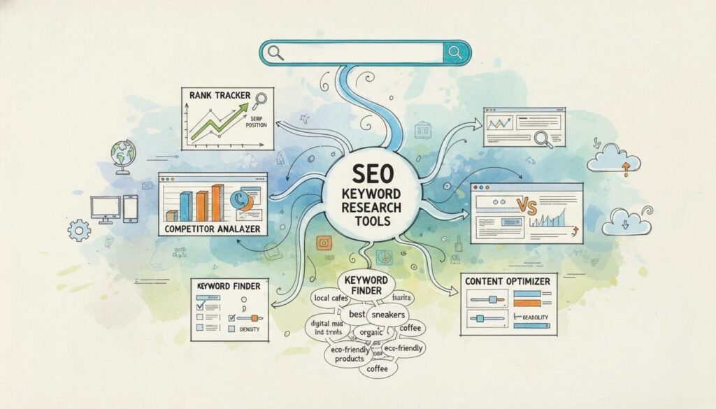 illustration of SEO keyword tools being used together.