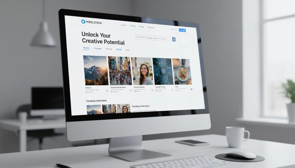 photo of an imac on a desk with stock photography on the screen.